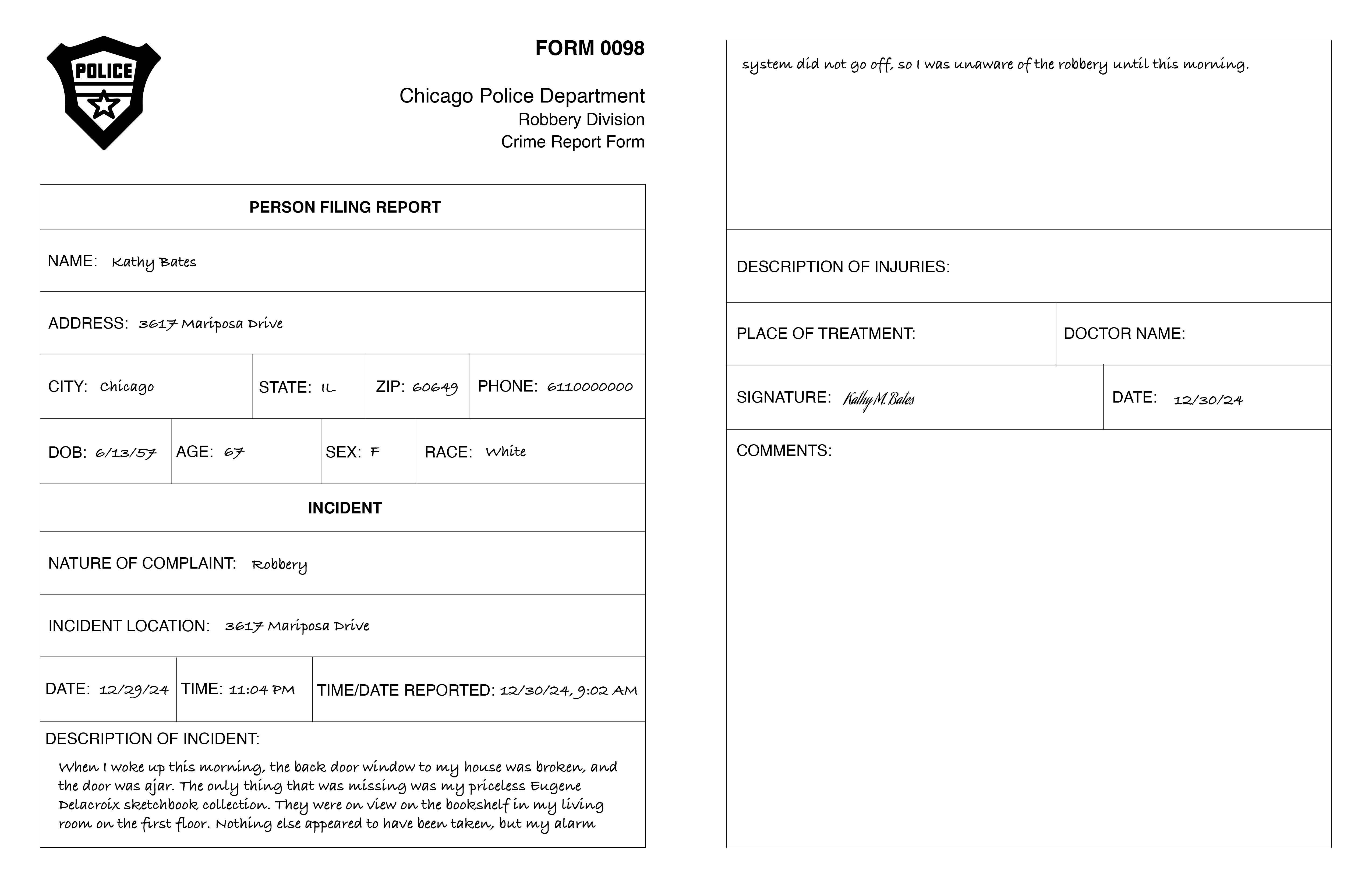 fake police report form filled out to include information about a robbery of priceless art