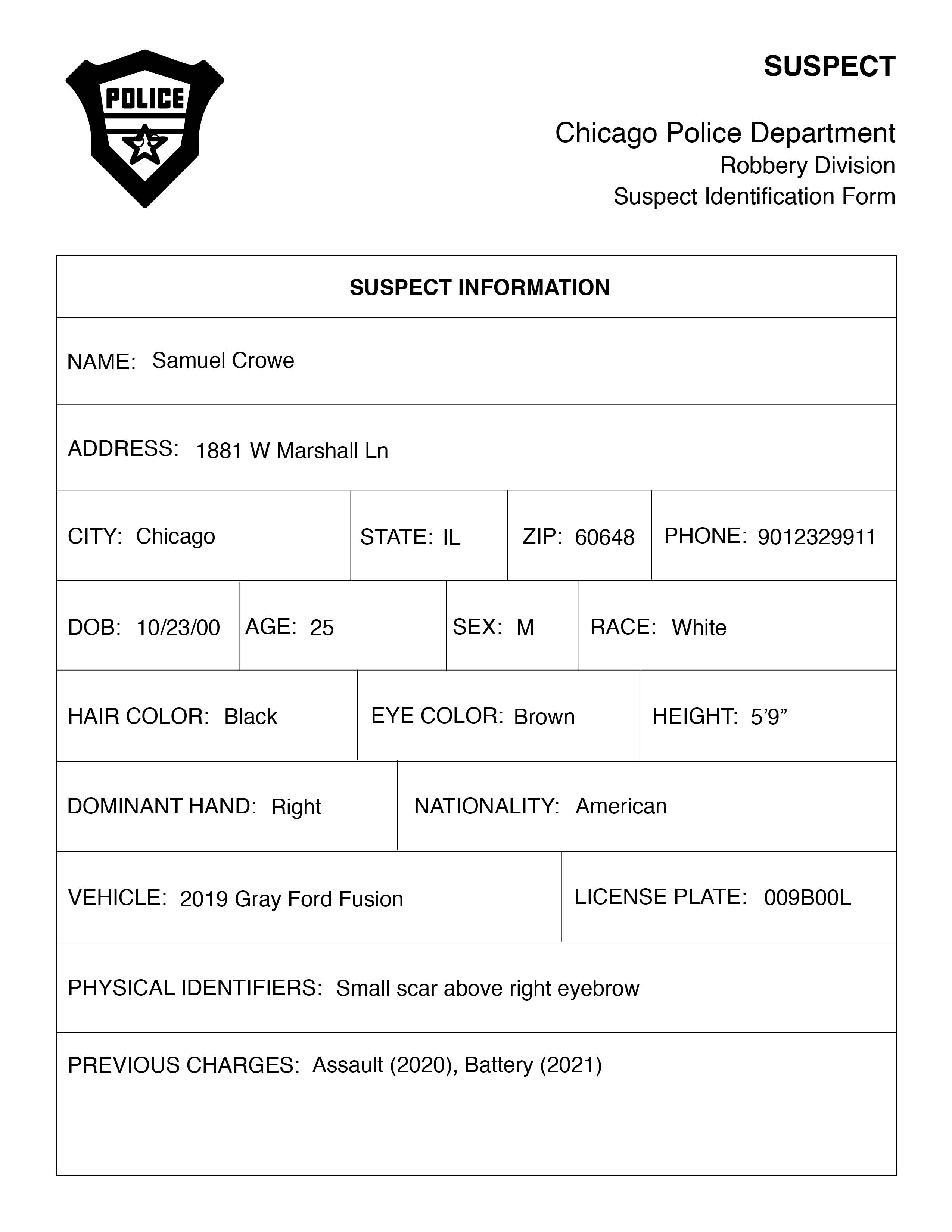 fake suspect form filled out to include information about a fake suspect