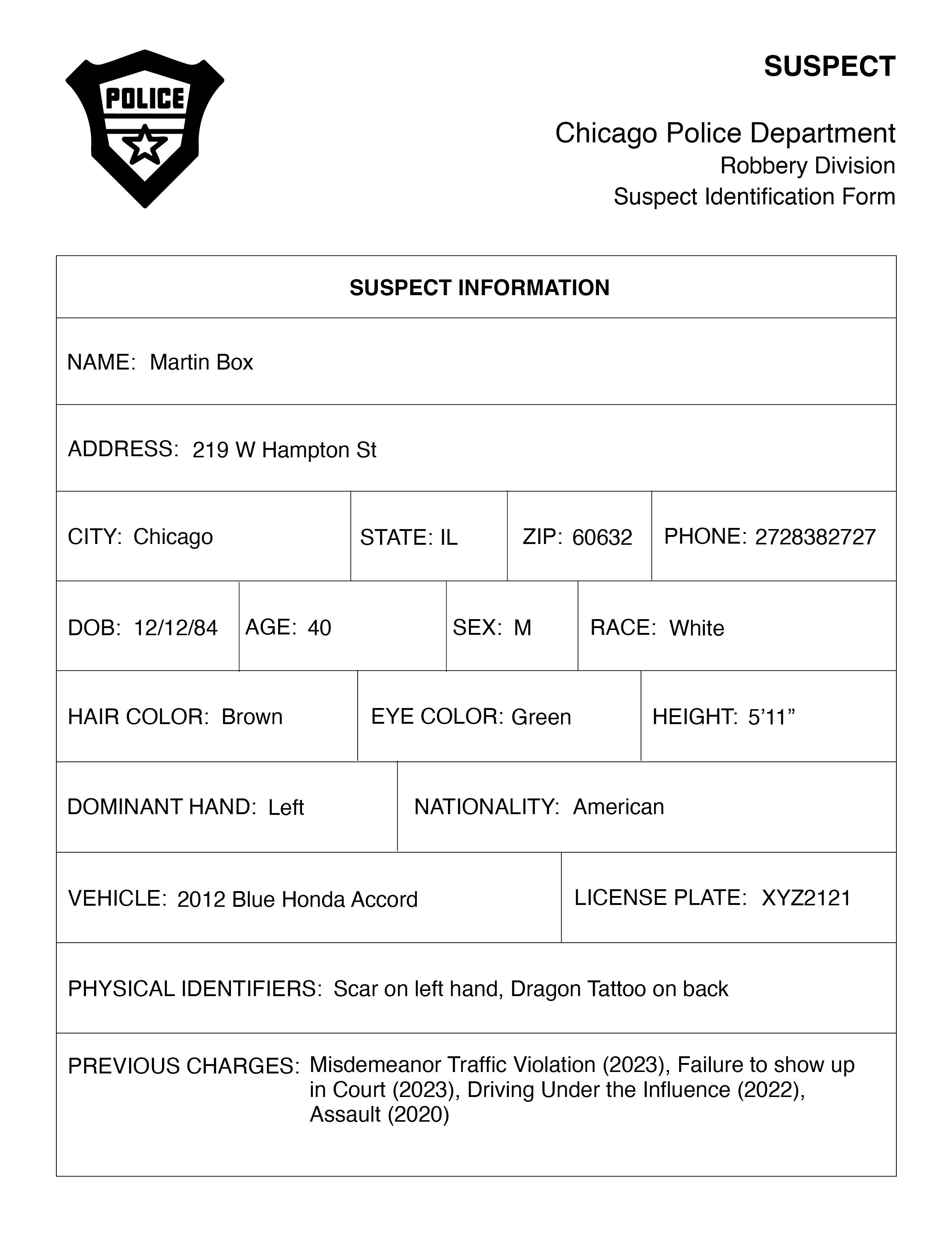 fake suspect form filled out to include information about a fake suspect