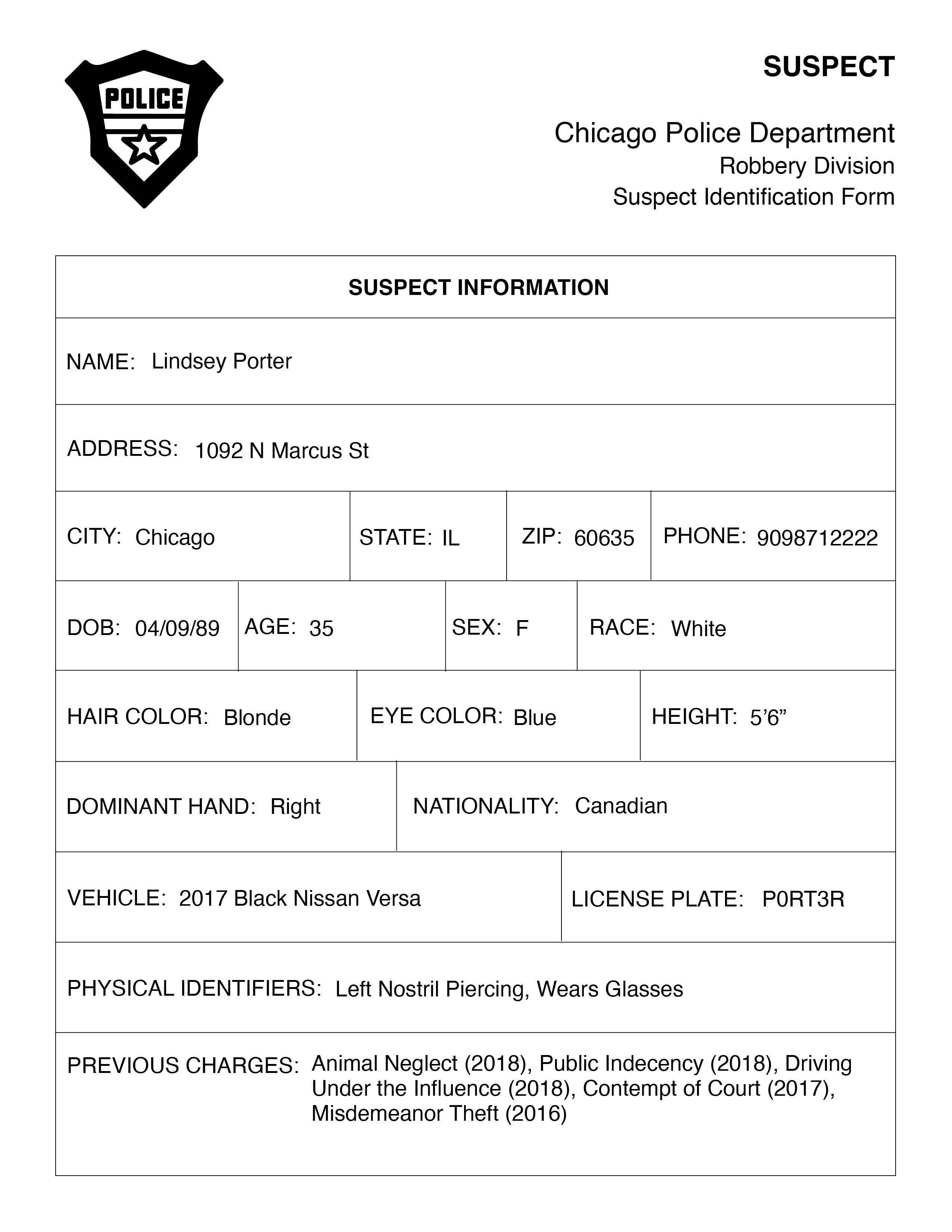 fake suspect form filled out to include information about a fake suspect