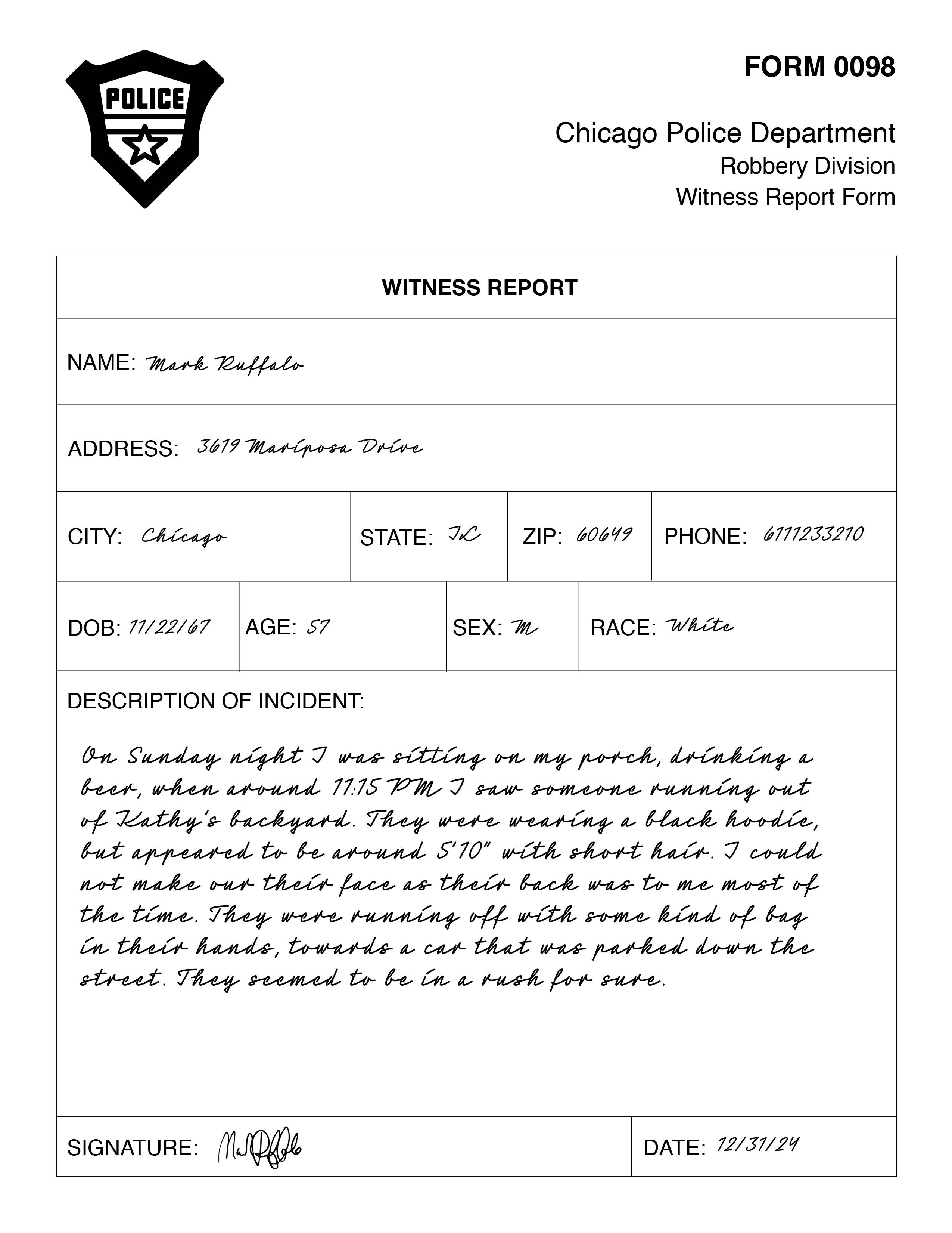 fake witness report form filled out to include information about a robbery of priceless art