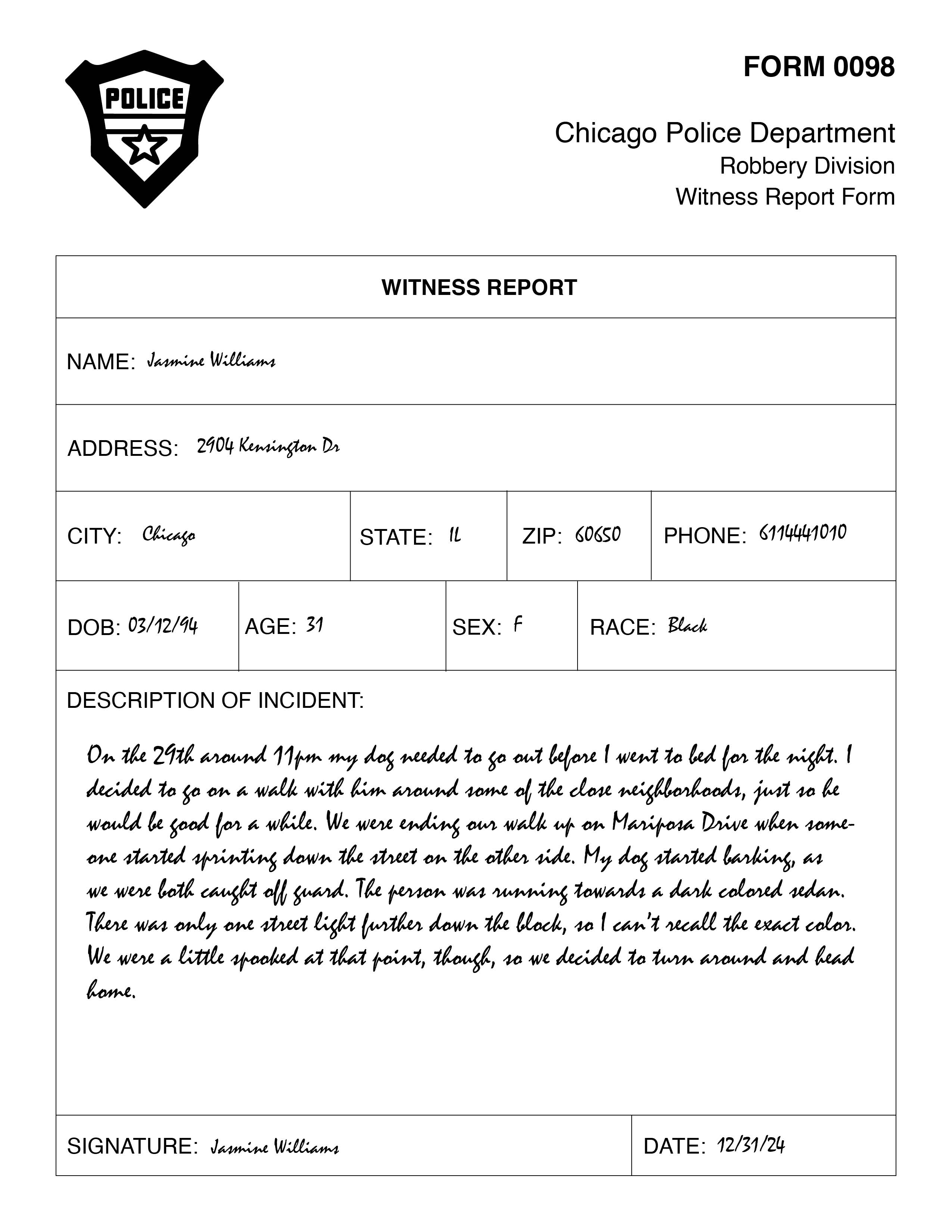 fake witness report form filled out to include information about a robbery of priceless art